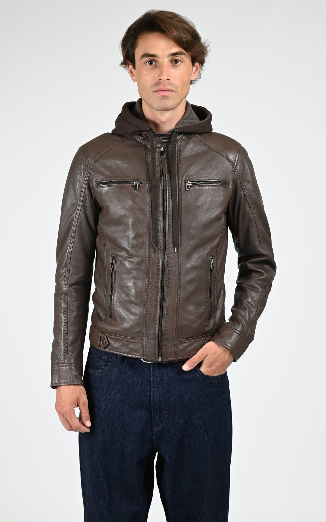 Blouson capuche cuir Erico Hood mocca