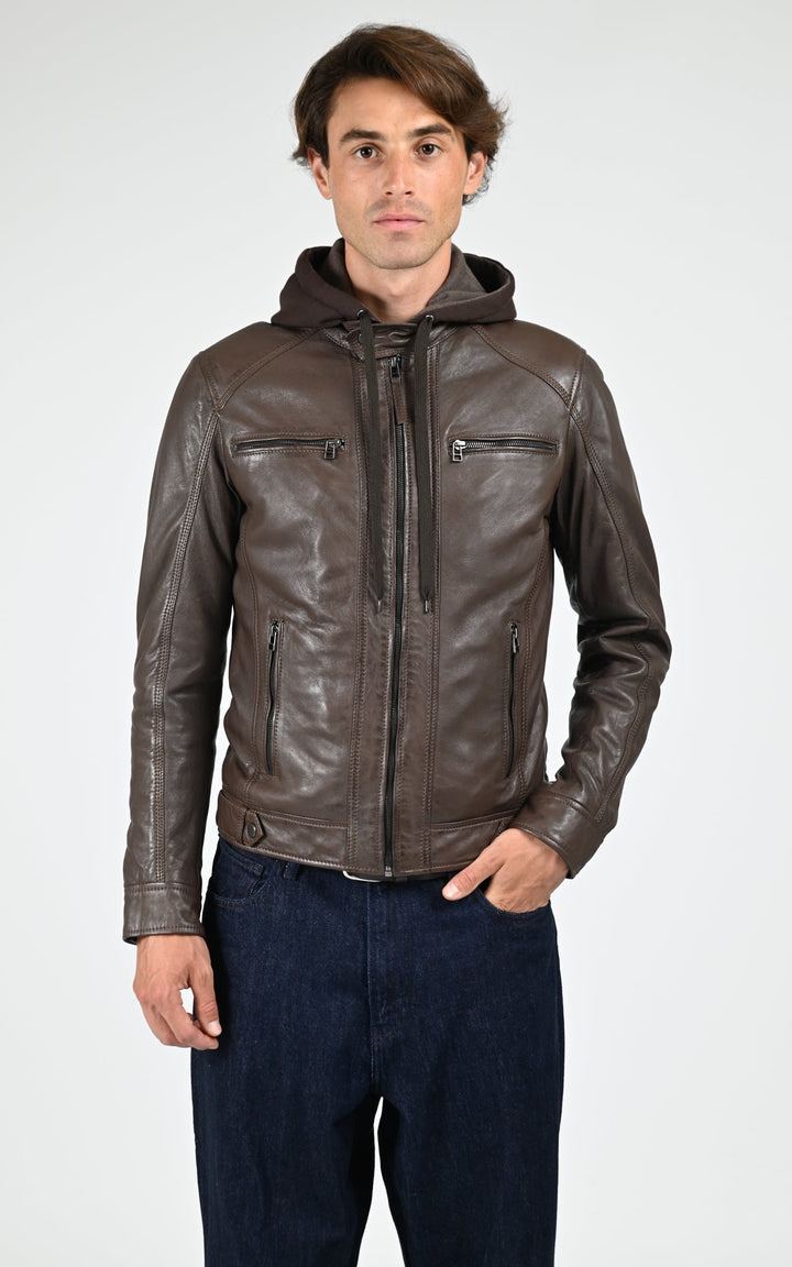 Blouson capuche cuir Erico Hood mocca