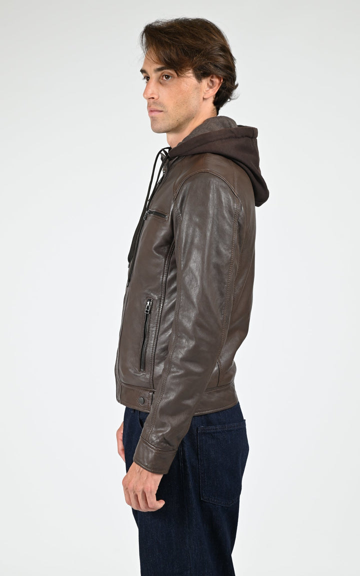 Blouson capuche cuir Erico Hood mocca