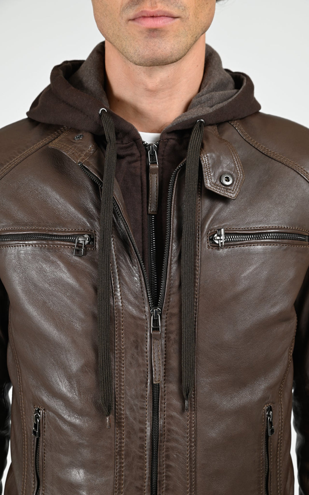 Blouson capuche cuir Erico Hood mocca