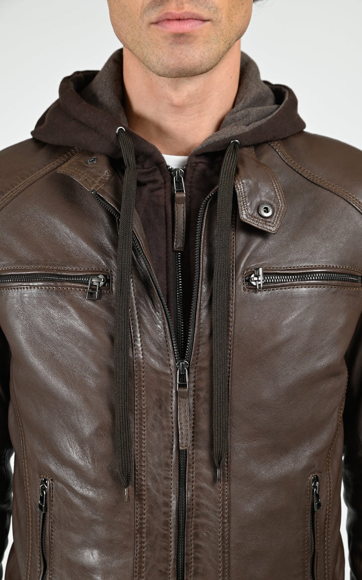 Blouson capuche cuir Erico Hood mocca