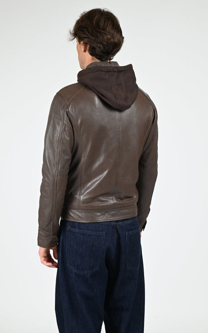 Blouson capuche cuir Erico Hood mocca