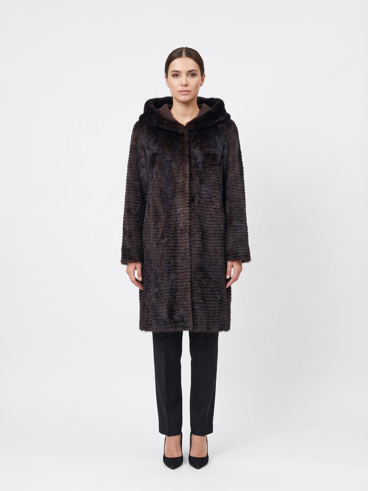 Juvignac, 95 cm. - Hood Mink & Wool - Women Mahogany