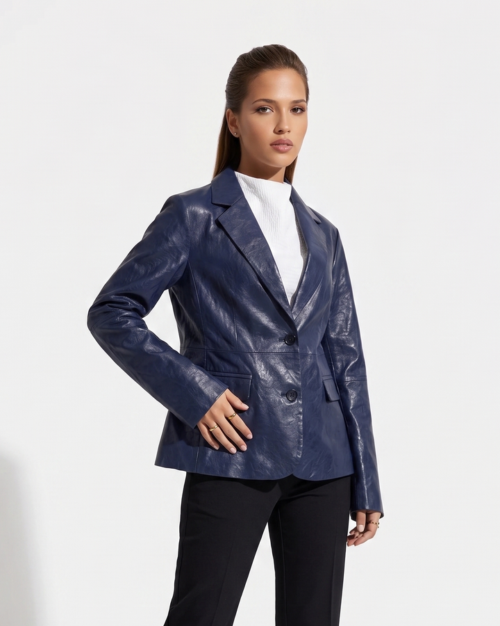 Nina Blazer, 60 cm. - Lamb Dior Bonded Leather-Women - Dusty Blue