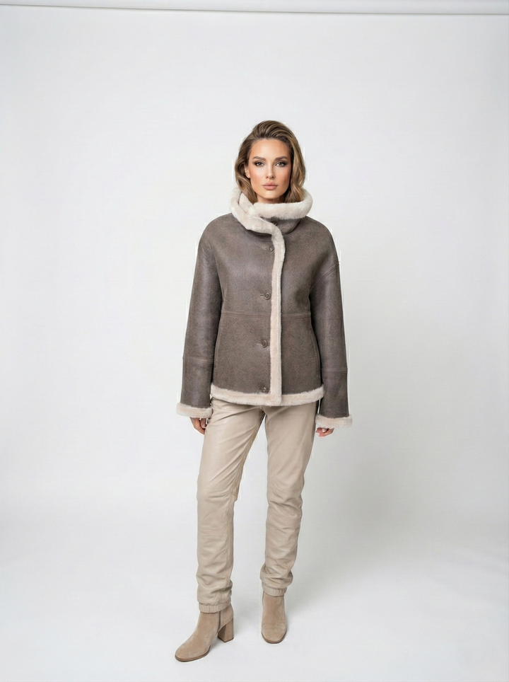 Iolande, 60 cm. - Krage - Nappa Lamb Crack - Dam - Brun