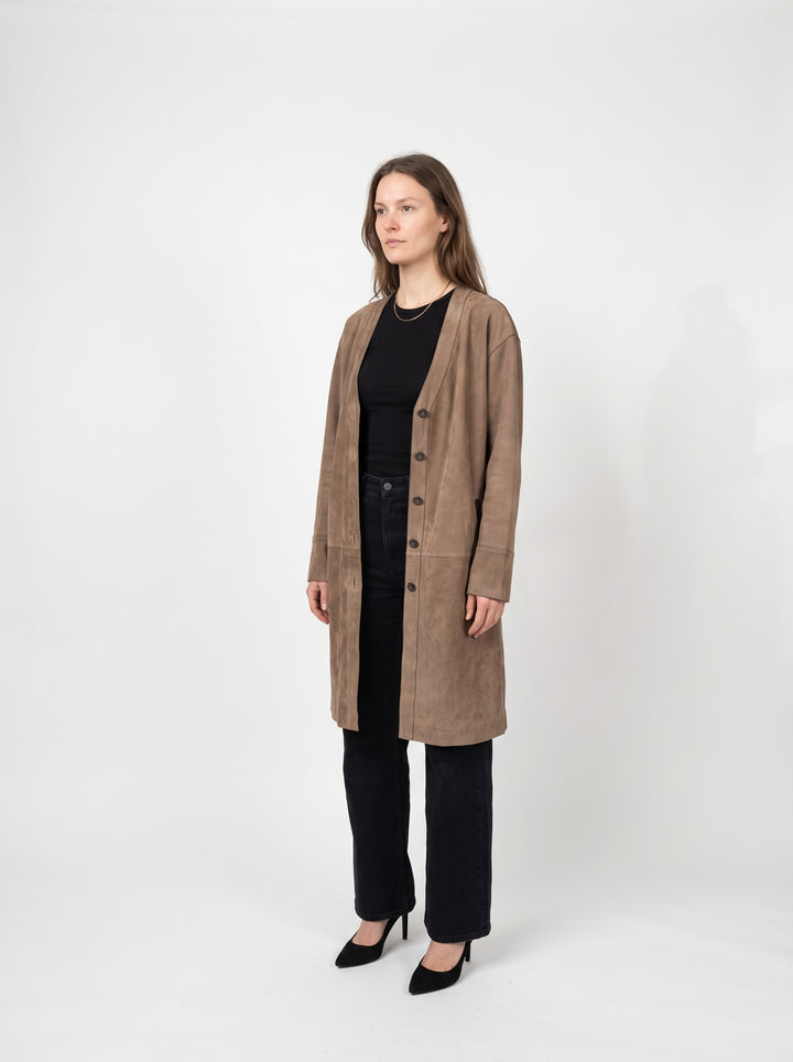 Fina, 98 cm. Goat Suede Leather - Women Light Olive