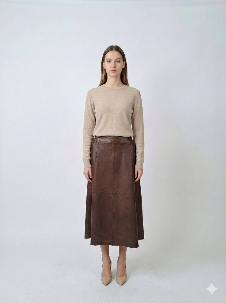 Long Skirt - Lamb Leather - Women - Royal Brown