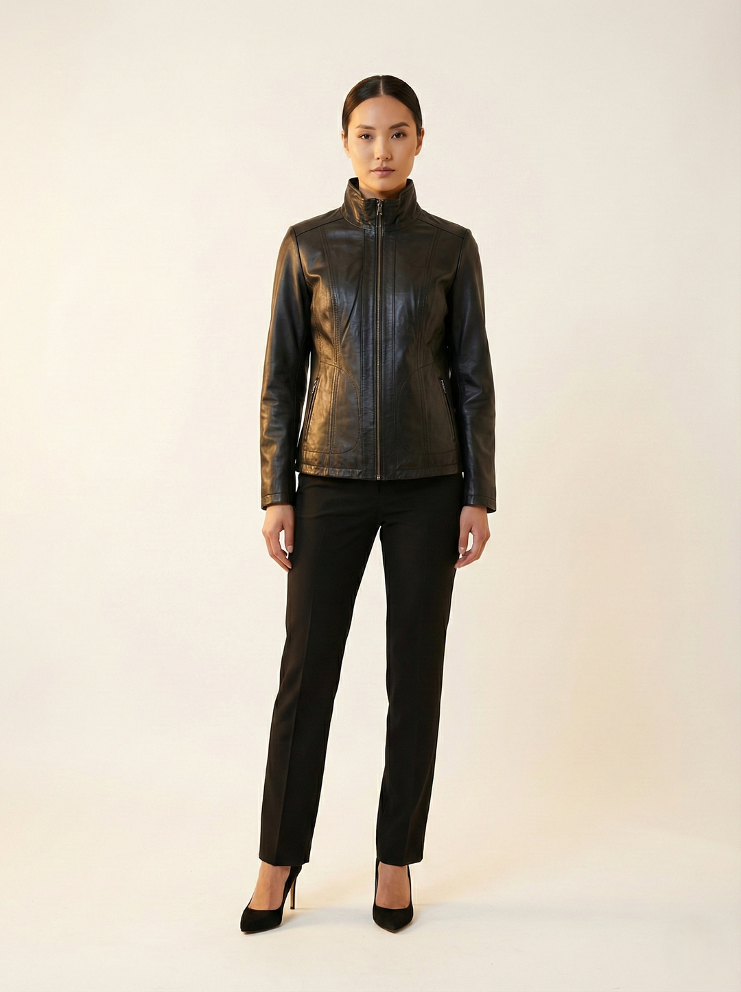 Hanne, 60 cm. - Lam Malli skinnjakke - kvinner - svart