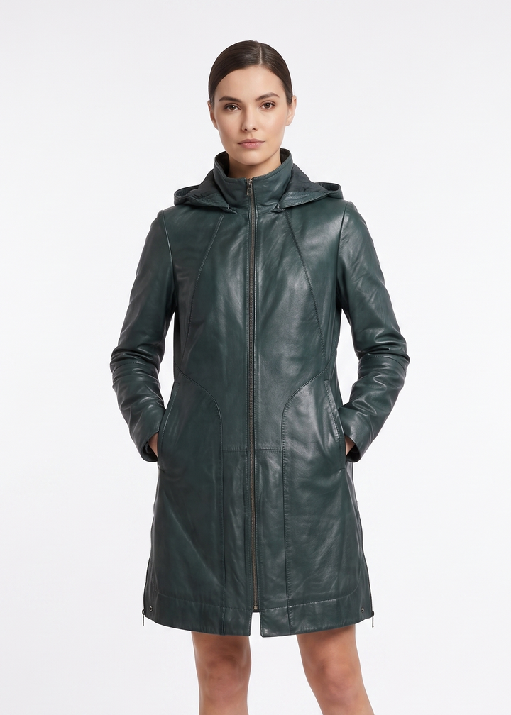 Aliana, 85 cm. - Kapuze - Lamm-Malli-Leder - Damen - Kupfergrün