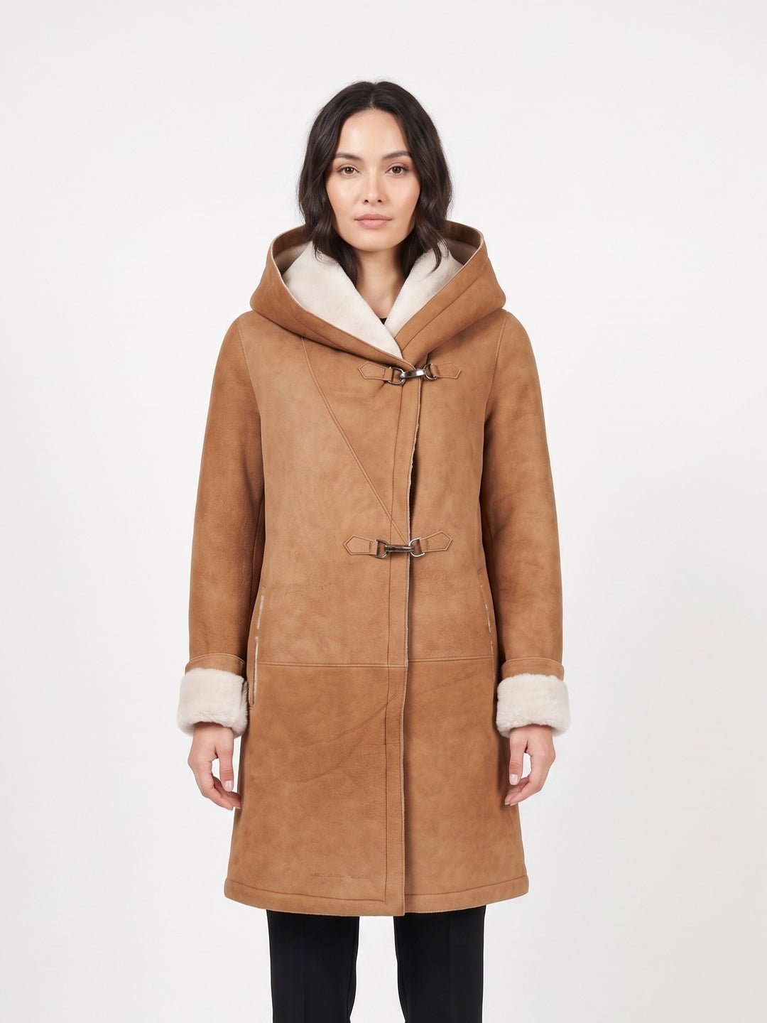 969, 90 cm. - Hætte - Ruskind lam shearling jakke - Damer - Cognac