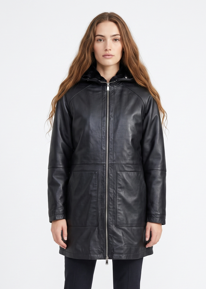 Danyal, 82 cm. - Skinnjakke med hette - Dame - Sort