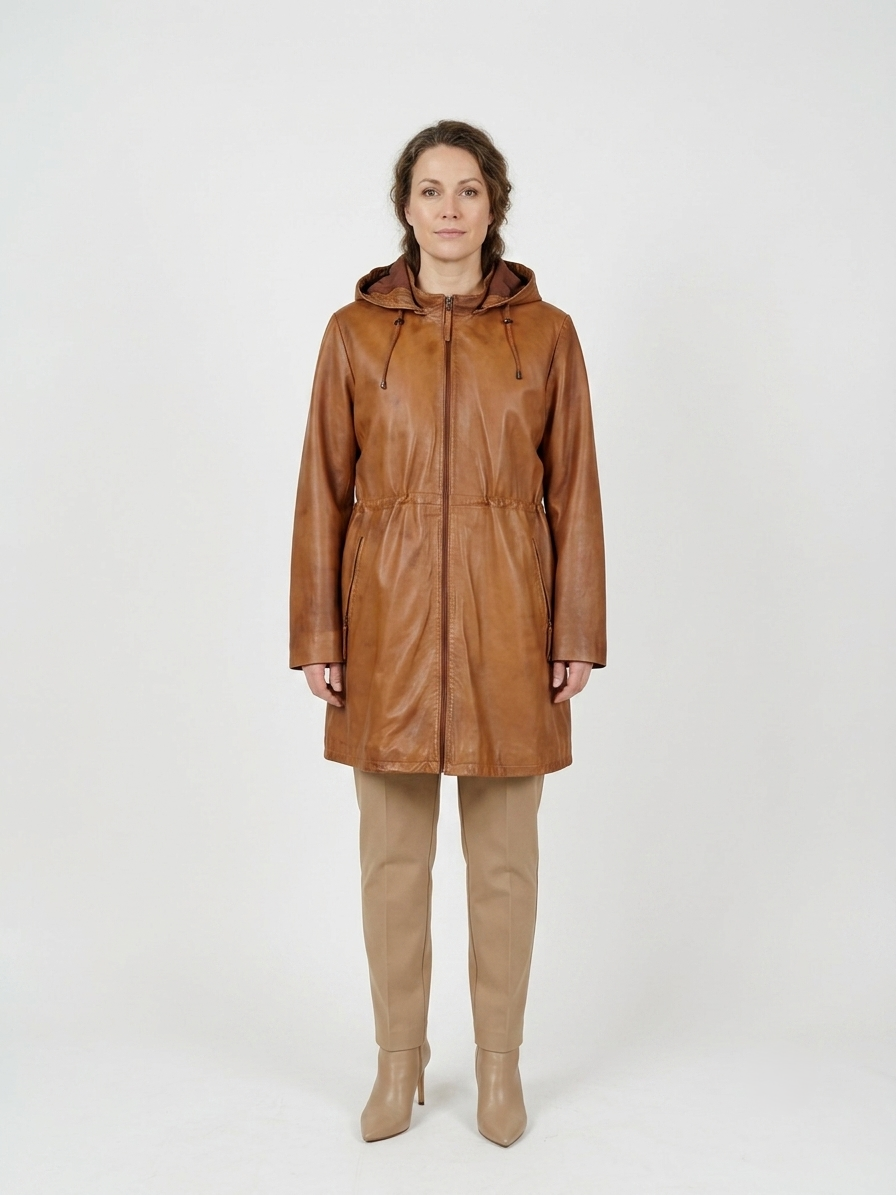 New Solene, 87 cm. - Hood Lamb Thick Dace Leather -Women Dark Cognac