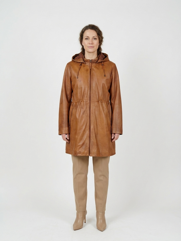 New Solene, 87 cm. - Hood Lamb Thick Dace Leather -Women Dark Cognac