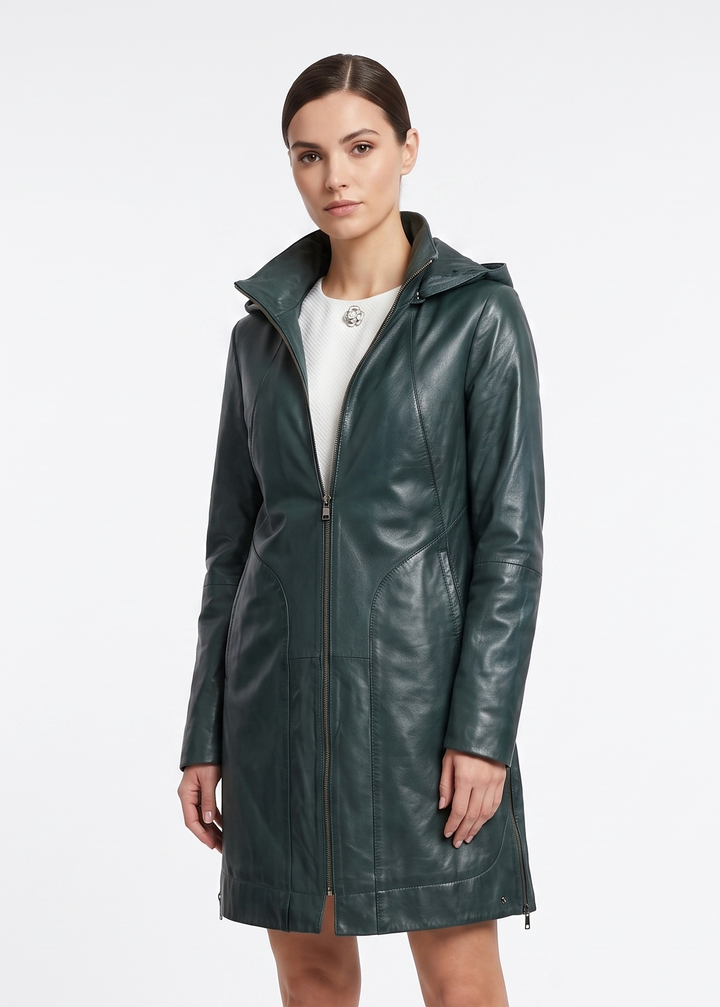 Aliana, 85 cm. - Kapuze - Lamm-Malli-Leder - Damen - Kupfergrün