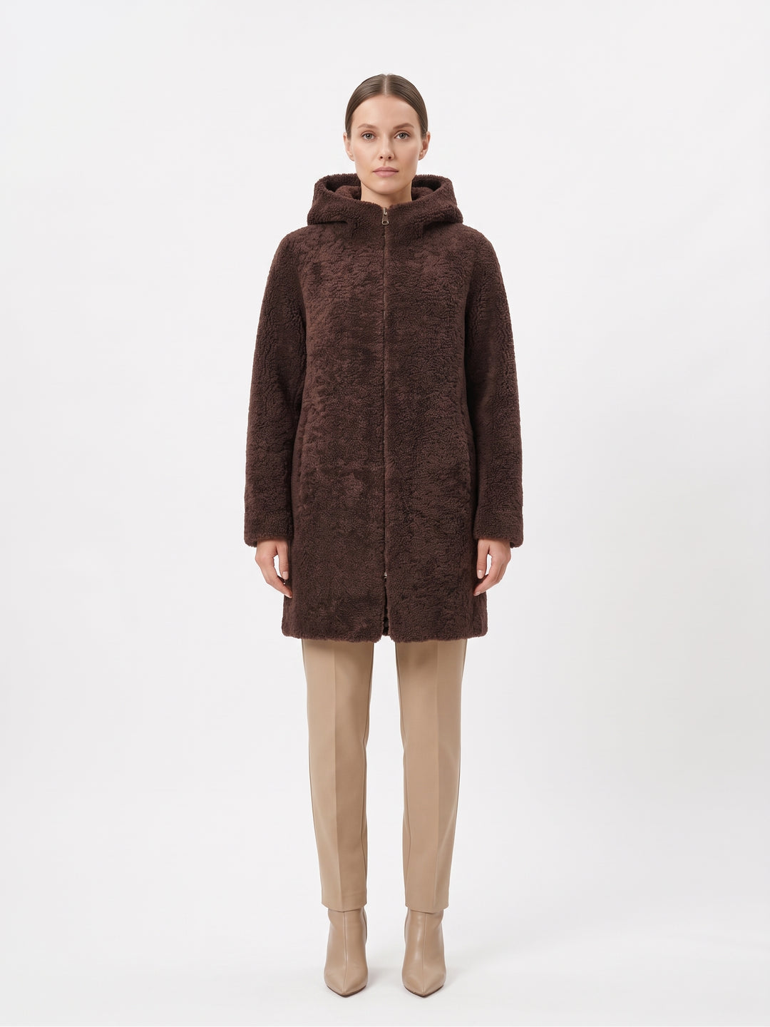 Delaney, 87 cm. - Hood Curly Lamb - Women Brown