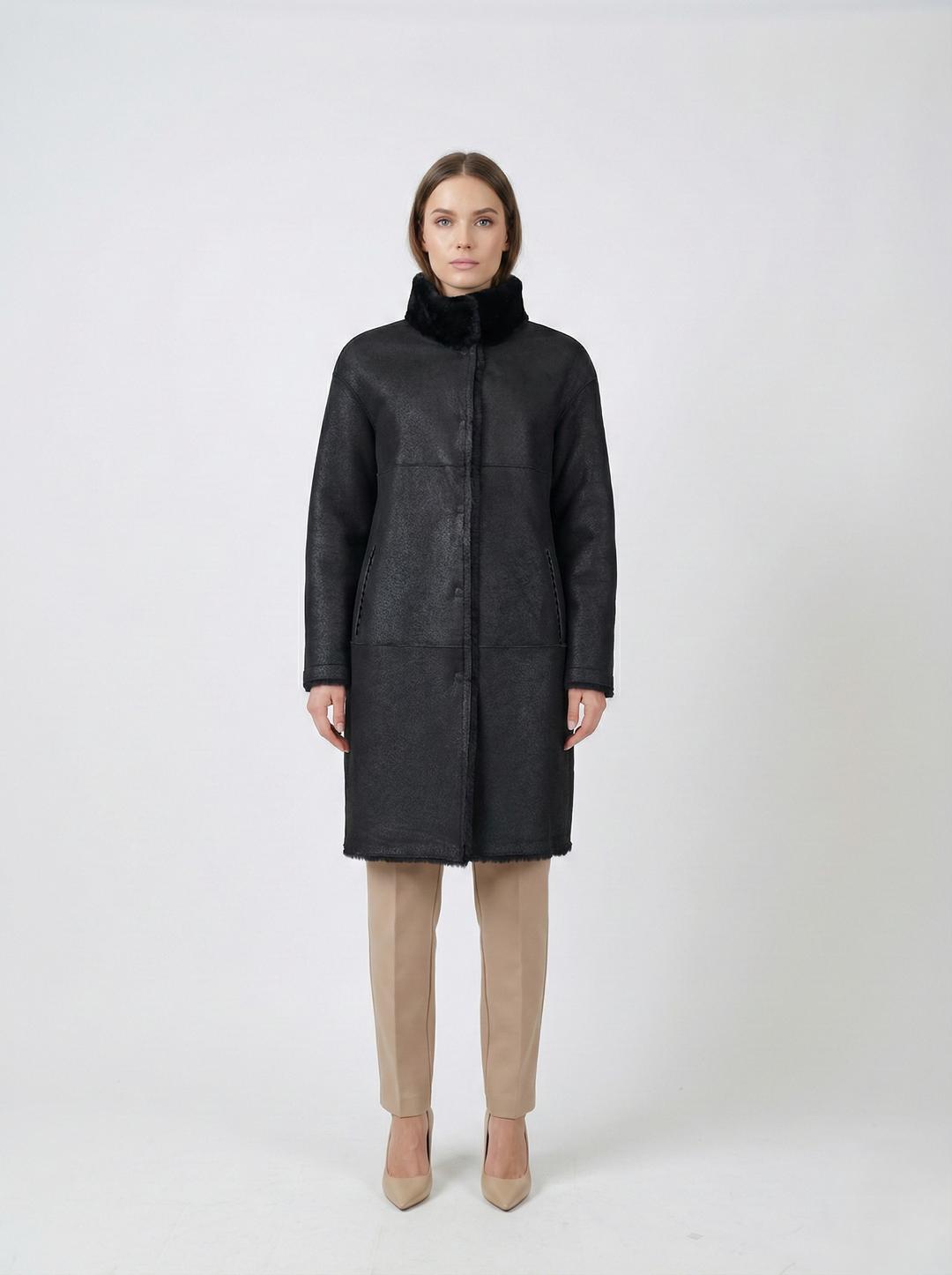 Giorgiana, 95 cm. - Hood - Nappa Lamb Crack - Women - Black