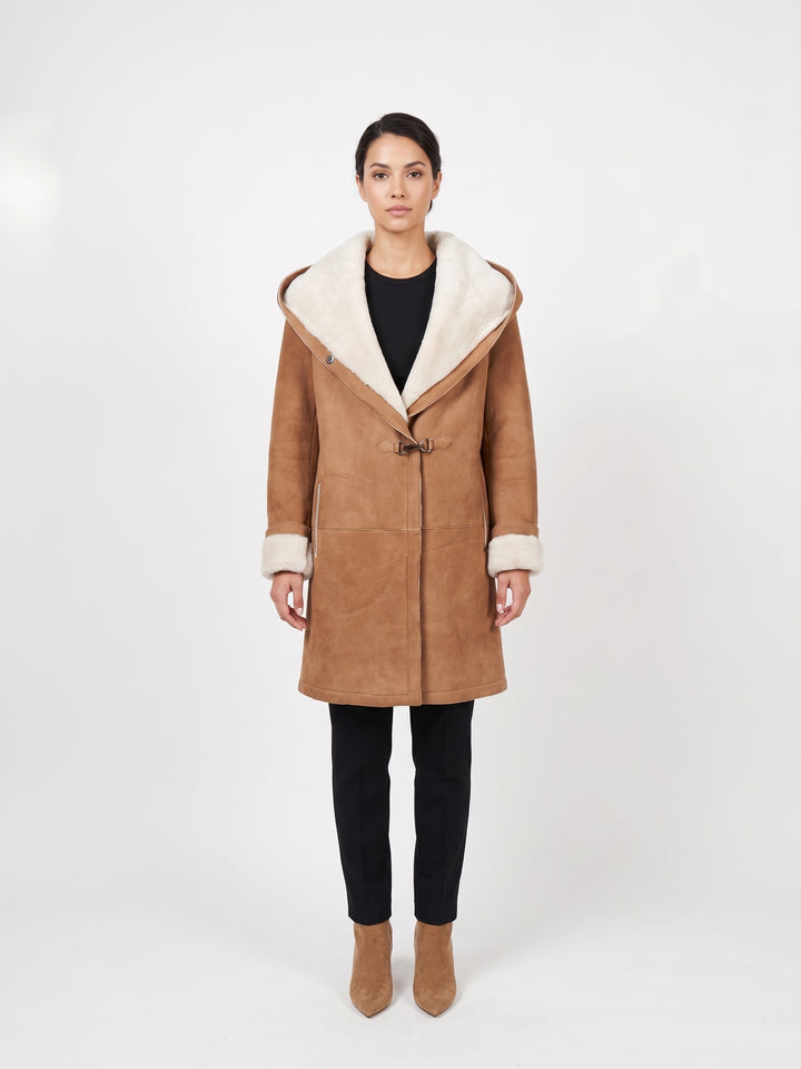 969, 90 cm. - Hætte - Ruskind lam shearling jakke - Damer - Cognac