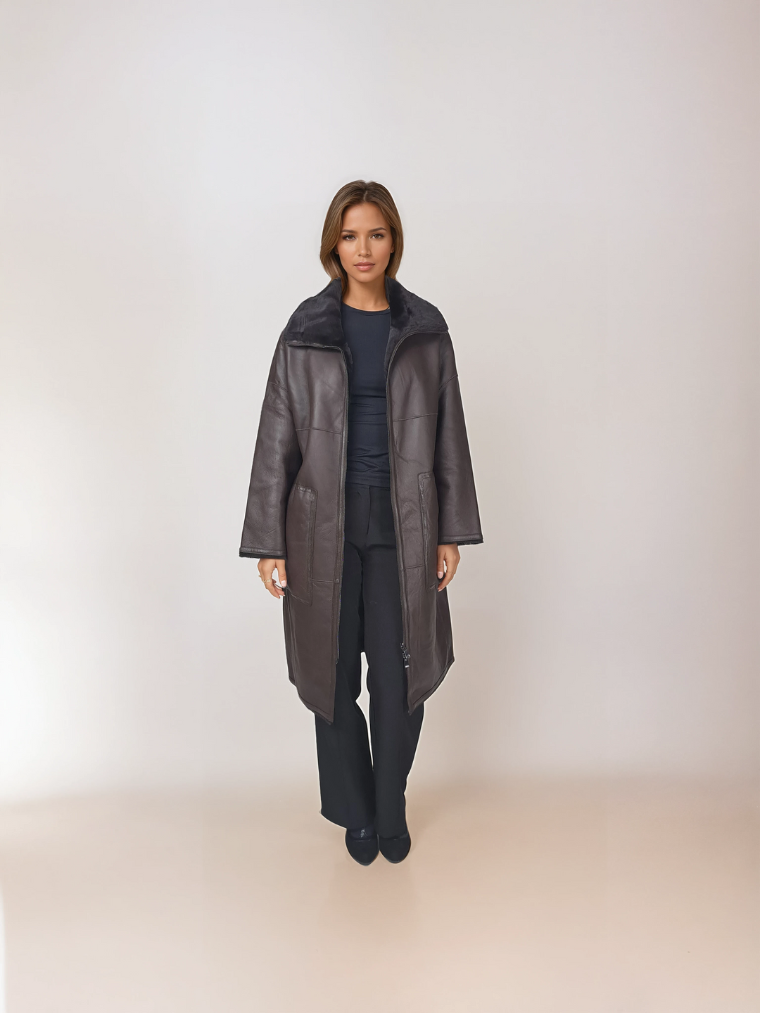 Isilda, 105 cm. - Kragen - Nappa-Lamm - Damen - Dunkelbraun