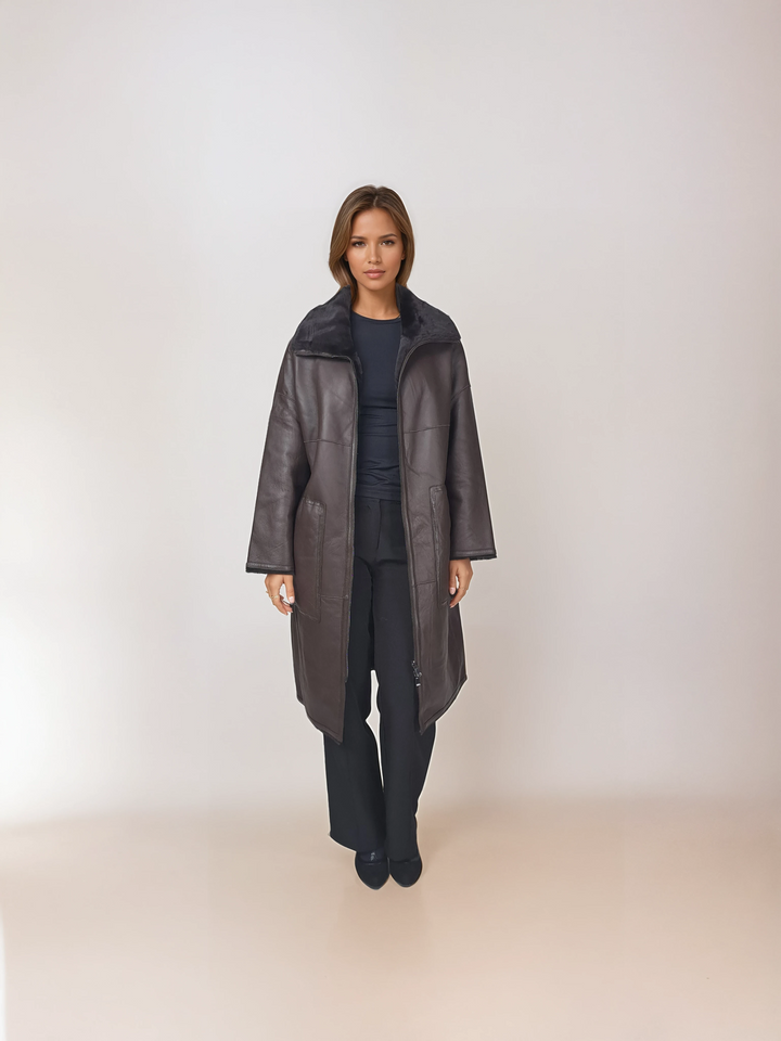 Isilda, 105 cm. - Kragen - Nappa-Lamm - Damen - Dunkelbraun