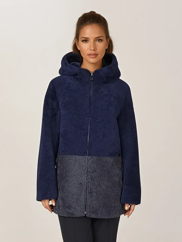 Helena, 75 cm. - Hætte - Krøllet lam - Kvinder - Mørkeblå & Segred Grå