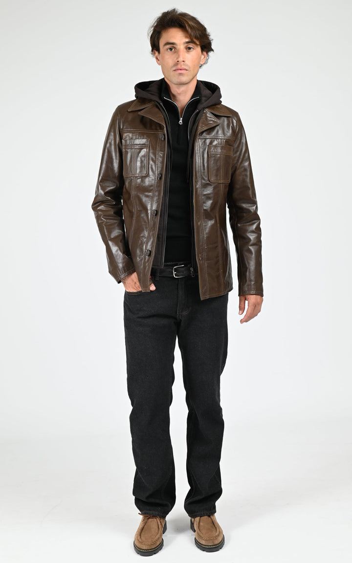 Taggart Brown Hooded Leather Jacket - Men