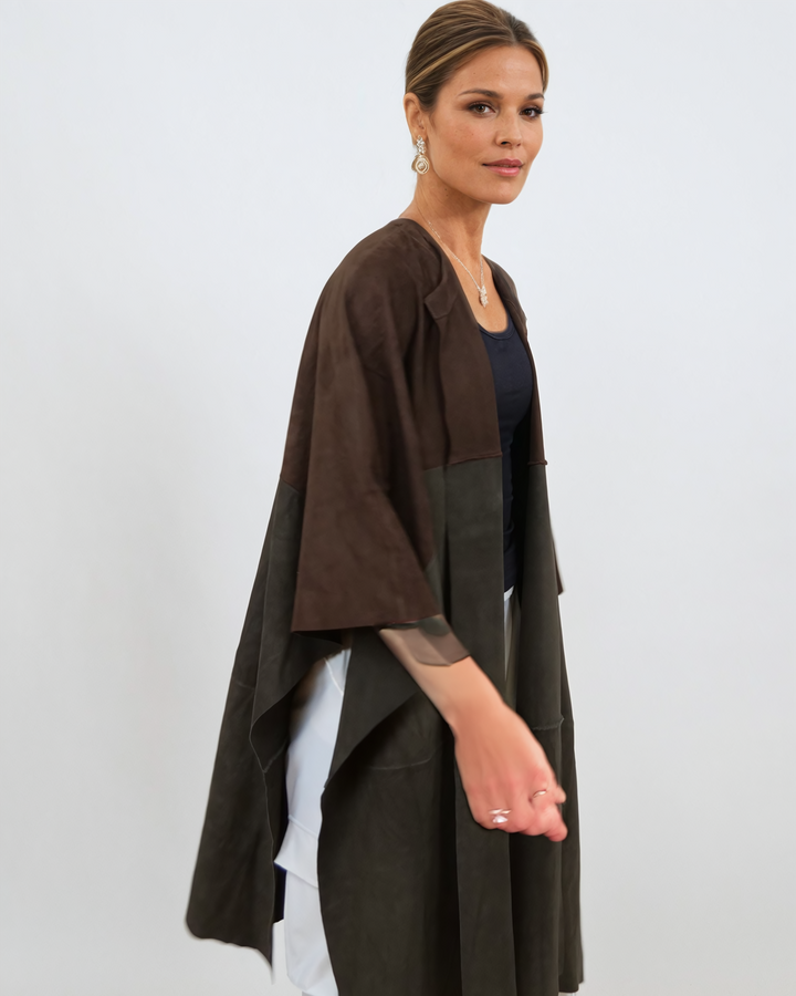 Inna Poncho, 95 cm. – Ziegenwildleder – Damen – Braun &amp; Oliv