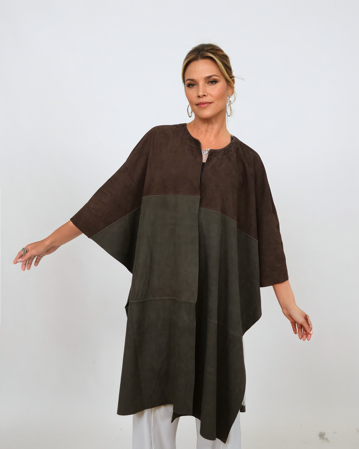 Inna Poncho, 95 cm. – Ziegenwildleder – Damen – Braun &amp; Oliv