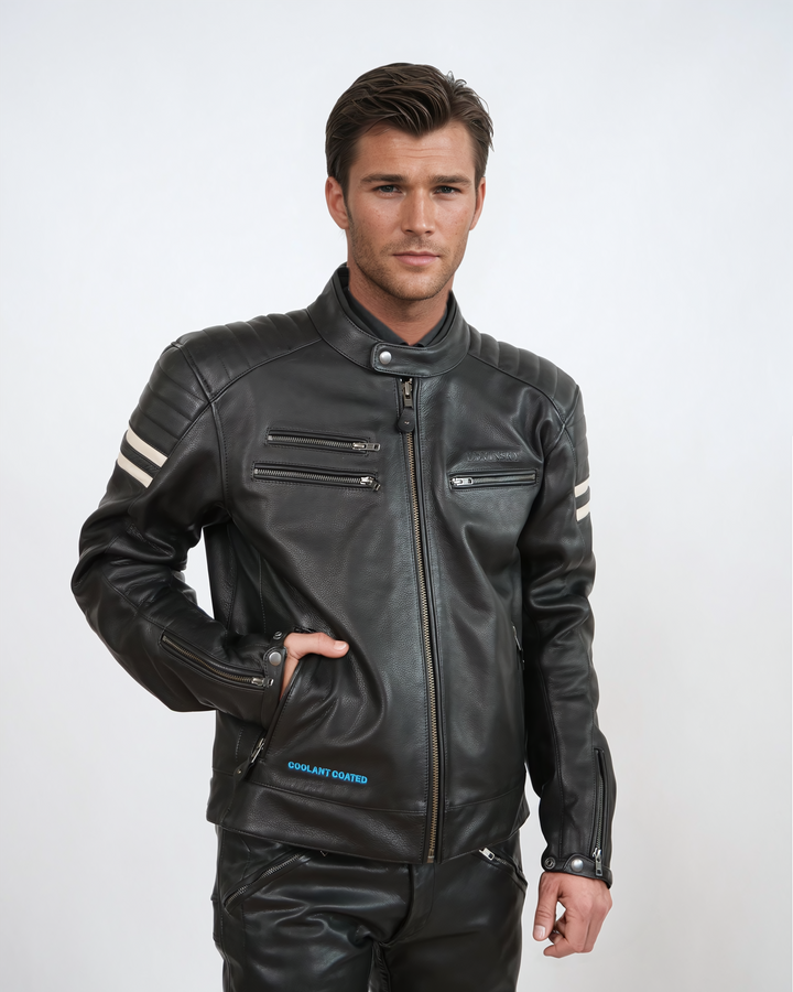 GMCJ M-001-B Mens Motor Cycle Jacket - Buff Nappa Glaze Leather - Men - Black