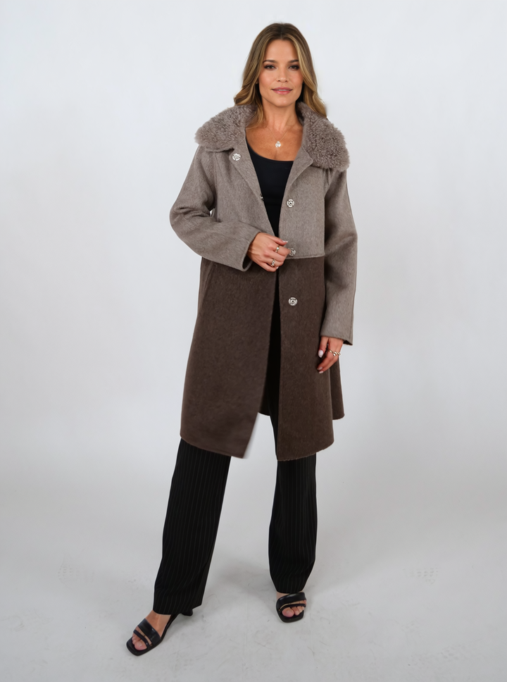 Italien, 95 cm. - Krage - 100 % ull - Dam - Taupe & Dark Brown