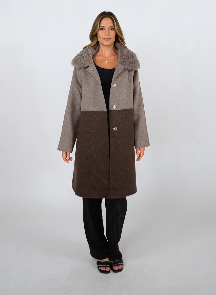 Italien, 95 cm. - Krage - 100 % ull - Dam - Taupe & Dark Brown