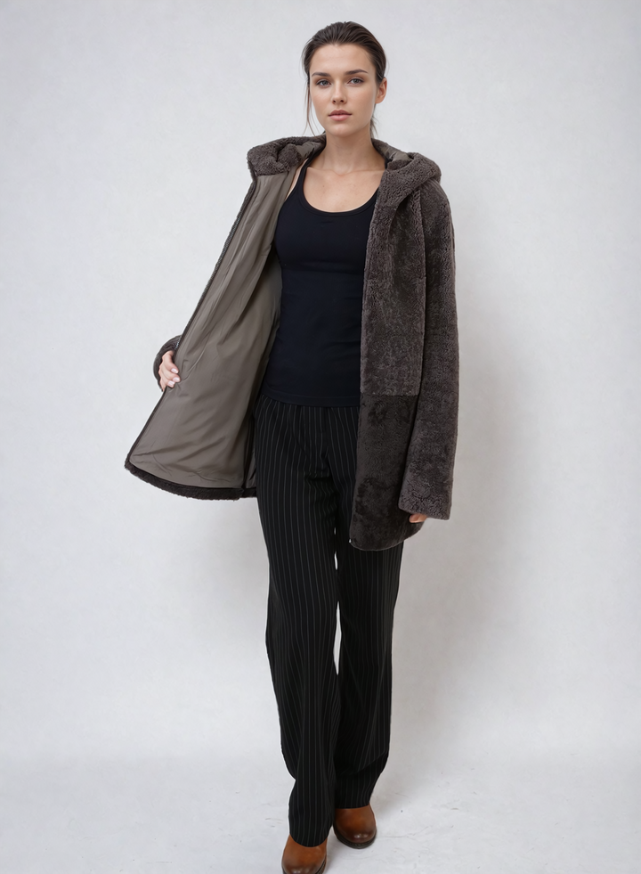 Helena, 75 cm. - Hood - Curly Lamb - Women - Taupe & Coffee