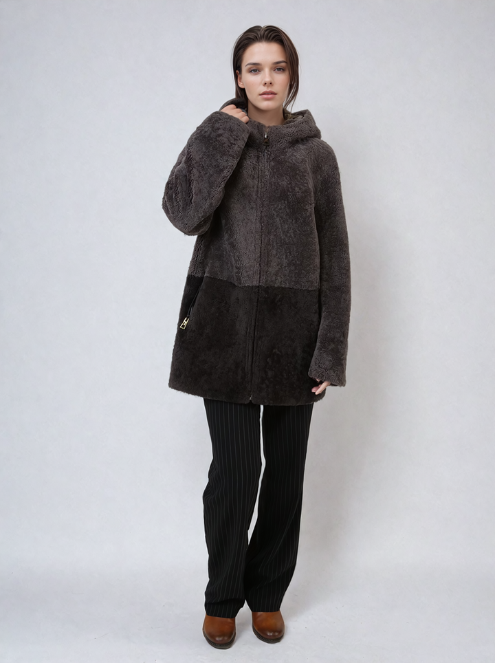 Helena, 75 cm. - Hood - Curly Lamb - Women - Taupe & Coffee