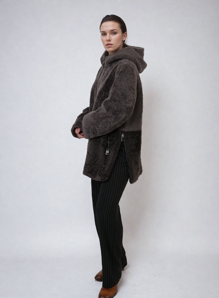 Helena, 75 cm. - Hood - Curly Lamb - Women - Taupe & Coffee