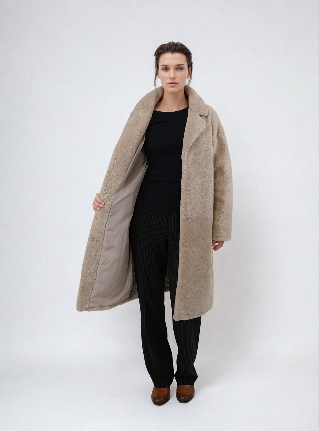 Hella, 95 cm. - Kragen - Curly Lamb - Jacke - Damen - Dunkelbeige