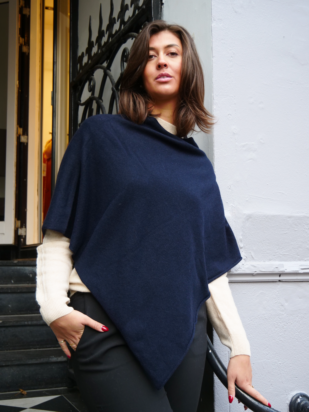 SY-24001 Poncho - 100% Kashmir strik - Dame - Mørke Blå