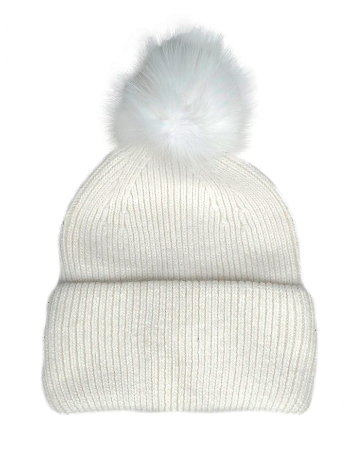 HL22C007 Angora wool beanie with fur pompon- White