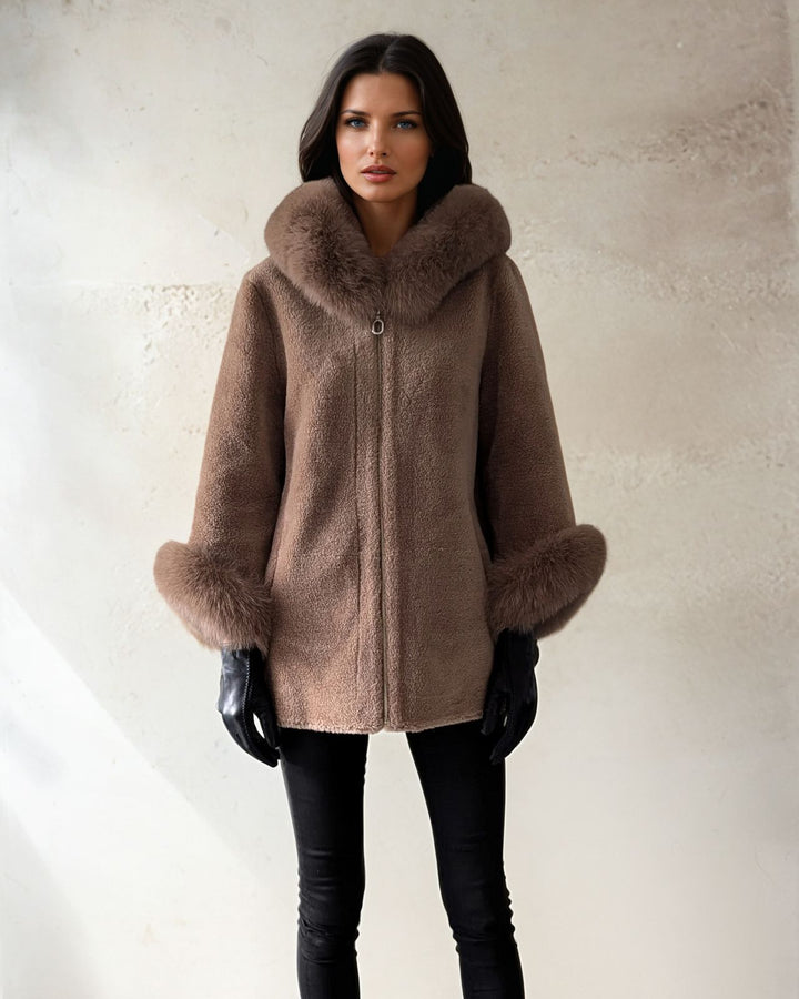 Franciane, 78 cm. - Hood - Air 100% Wool jacket - Women - Chestnut