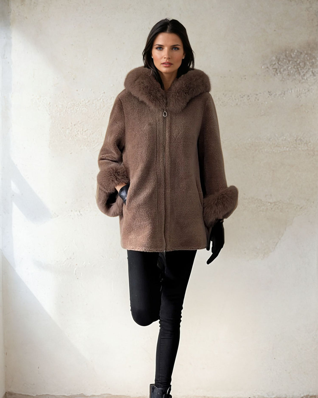 Franciane, 78 cm. - Hood - Air 100% Wool jacket - Women - Chestnut