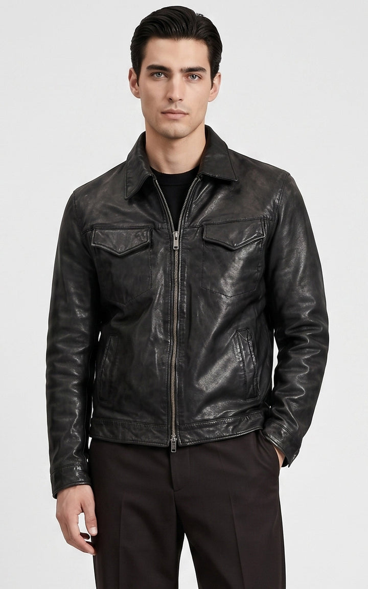 Black Leather Worker Jacket 87131 - Men