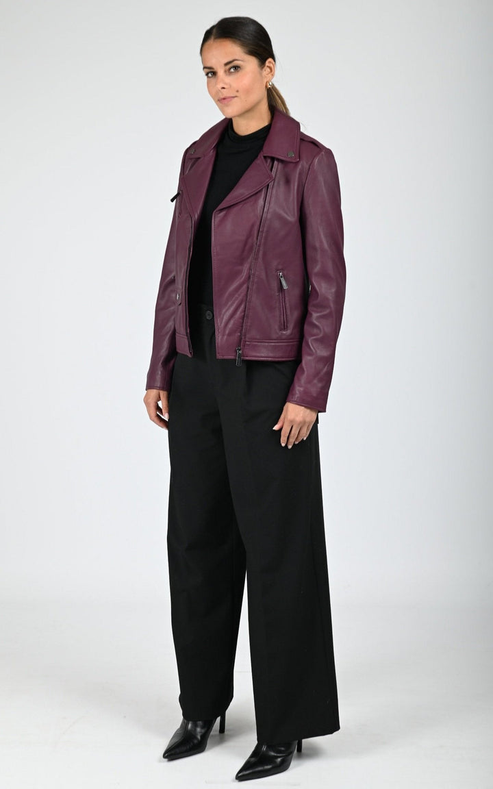 Burgundy Samba Leather Biker Jacket - Women
