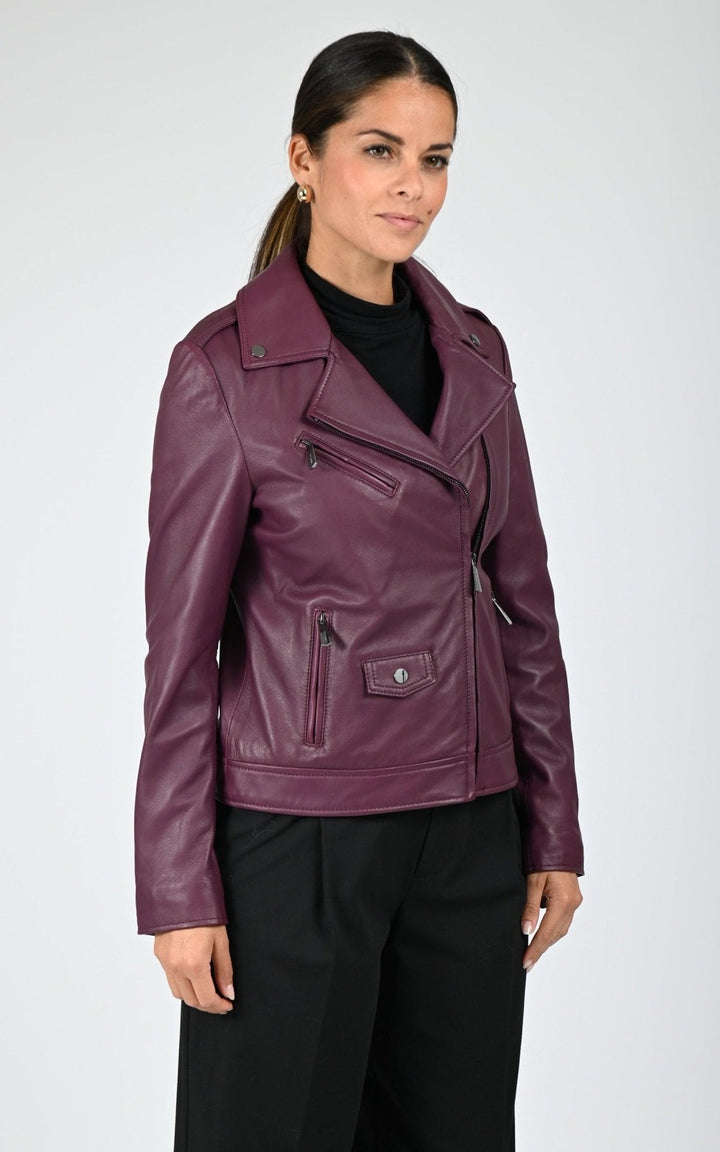 Burgundy Samba Leather Biker Jacket - Women
