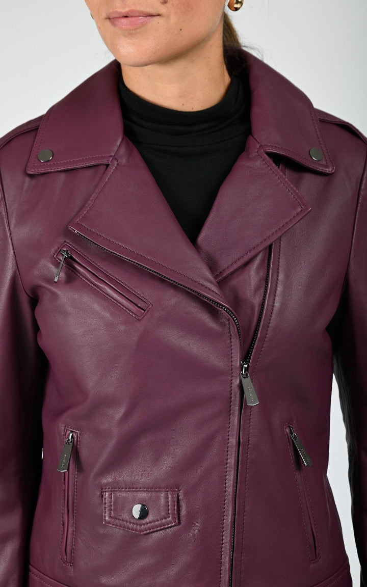 Burgundy Samba Leather Biker Jacket - Women
