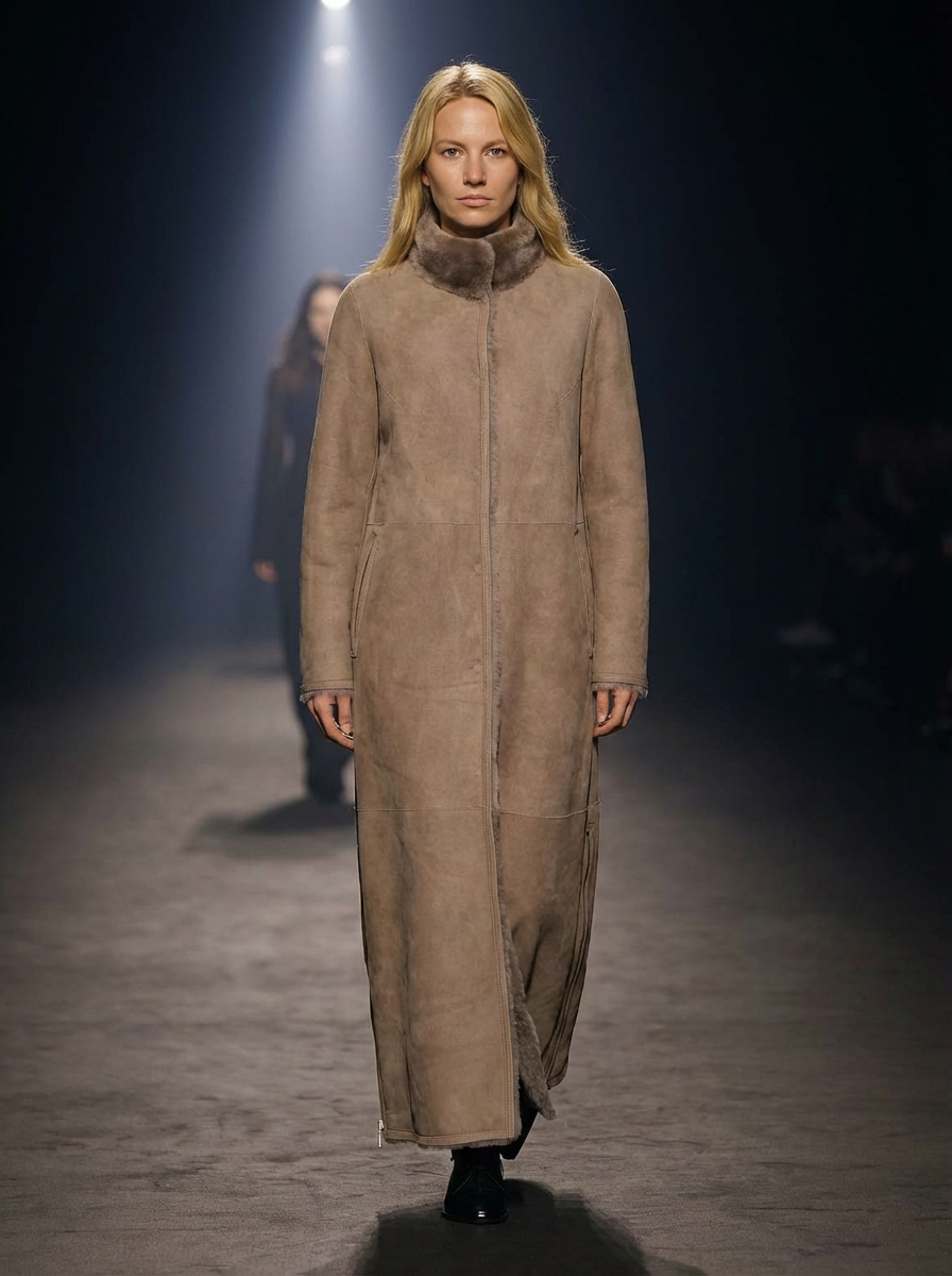 Flora, 125 cm. - Krage - Lamm i mocka - Shearlingrock för kvinnor - Mörk ek