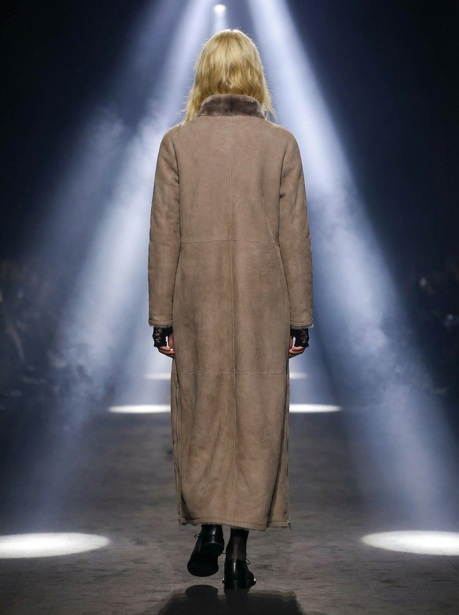 Flora, 125 cm. - Krage - Lamm i mocka - Shearlingrock för kvinnor - Mörk ek