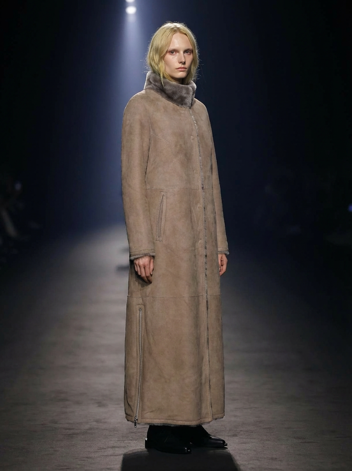 Flora, 125 cm. - Krage - Lamm i mocka - Shearlingrock för kvinnor - Mörk ek