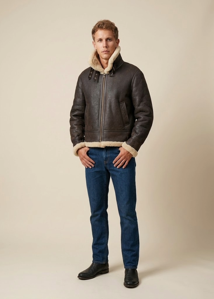A man modeling a dark brown leather aviator-style jacket with a cream shearling lining, paired with blue jeans and black boots, against a solid beige studio background.