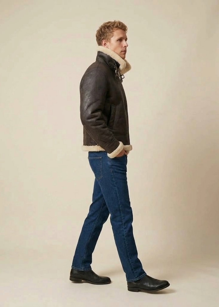 A man in profile wearing a dark brown shearling-lined aviator jacket, blue jeans, and black boots, standing against a plain beige studio background.