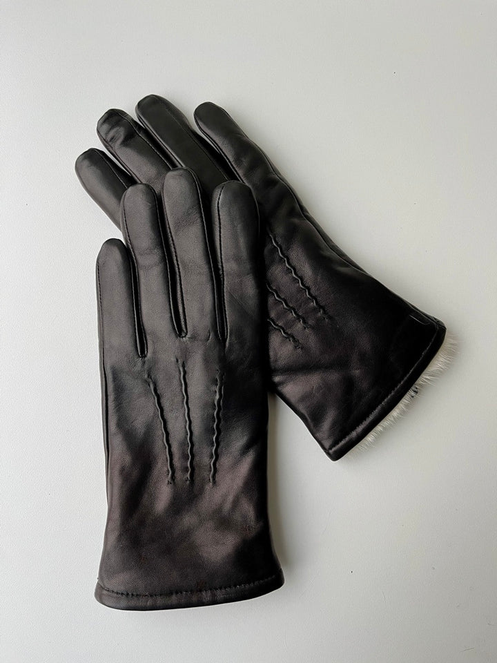 127-W  Lamb Slink Leather Glove With rabbit fur - Black