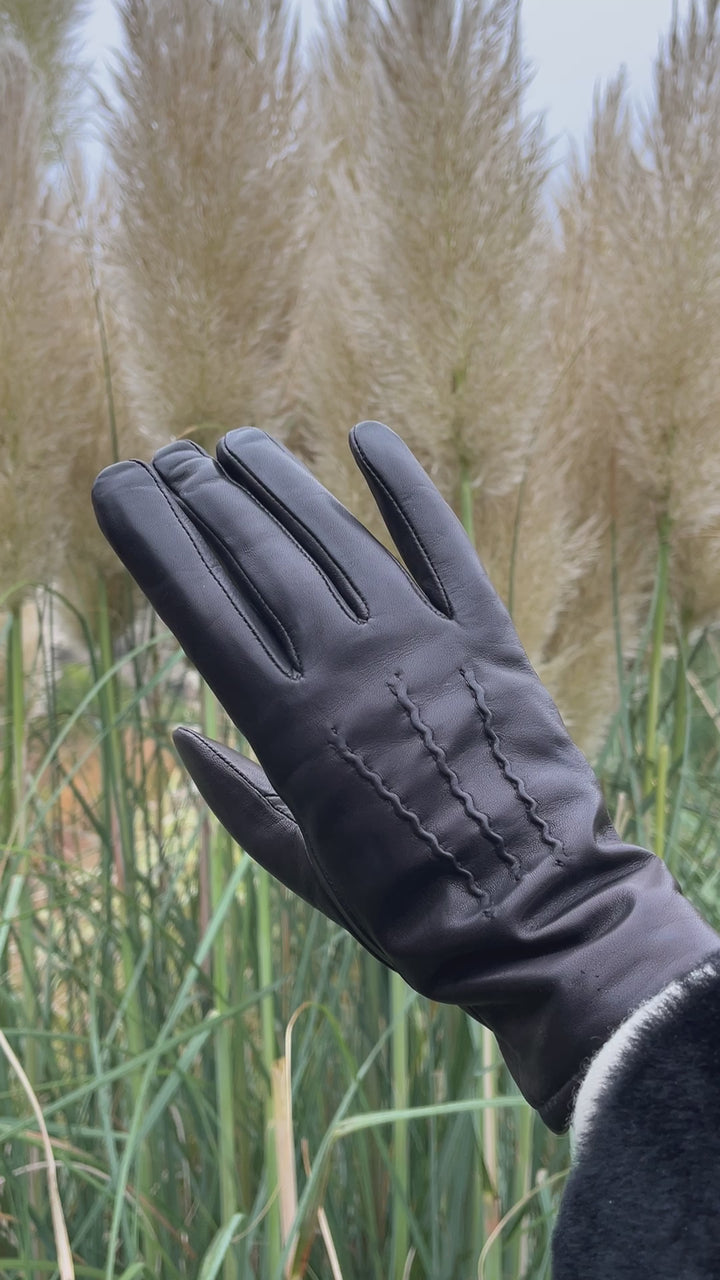 127-W  Lamb Slink Leather Glove With rabbit fur - Black