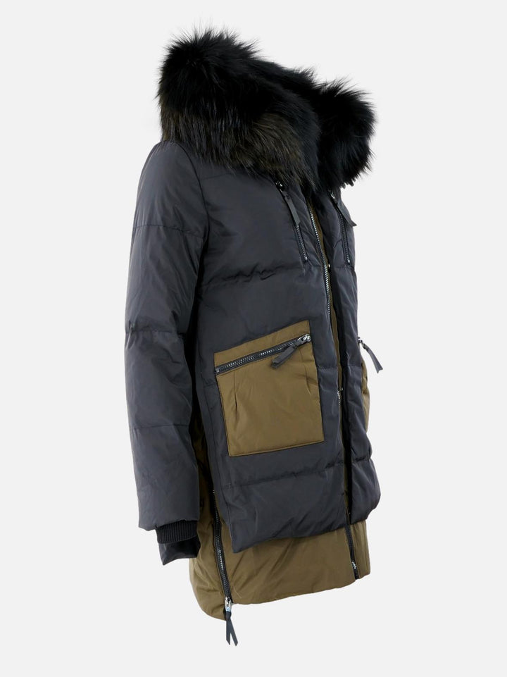 Daciana Army/Black down coat with fur trim - women